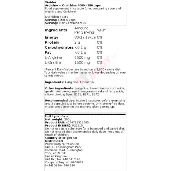 Weider Arginine + Ornithine 4000 Weider